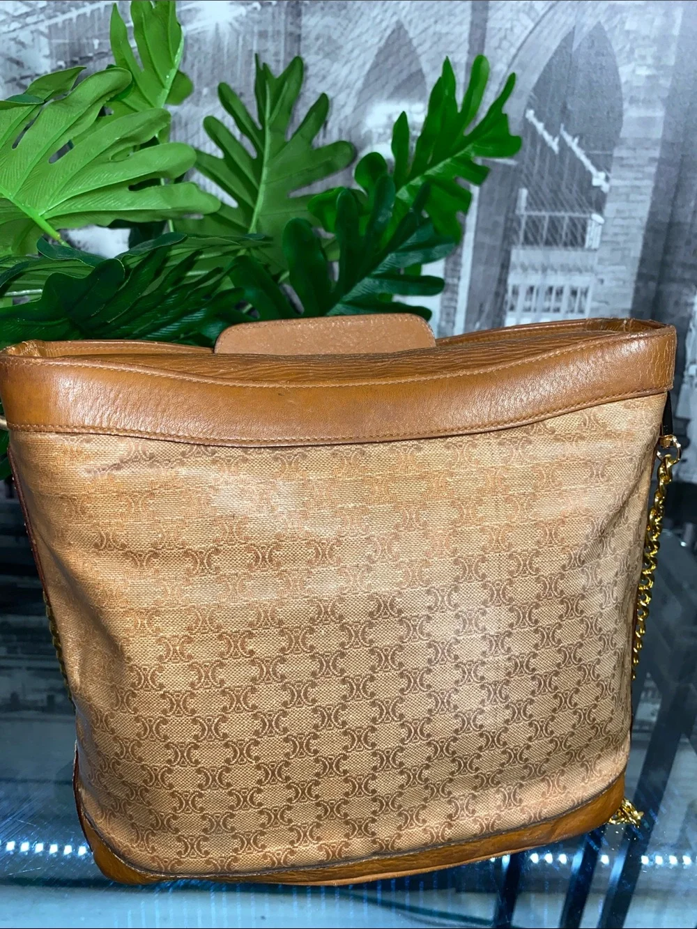 Authentic Vintage Celine Macadam Tan Brown coated Canvas & Leather Shoulder Bag